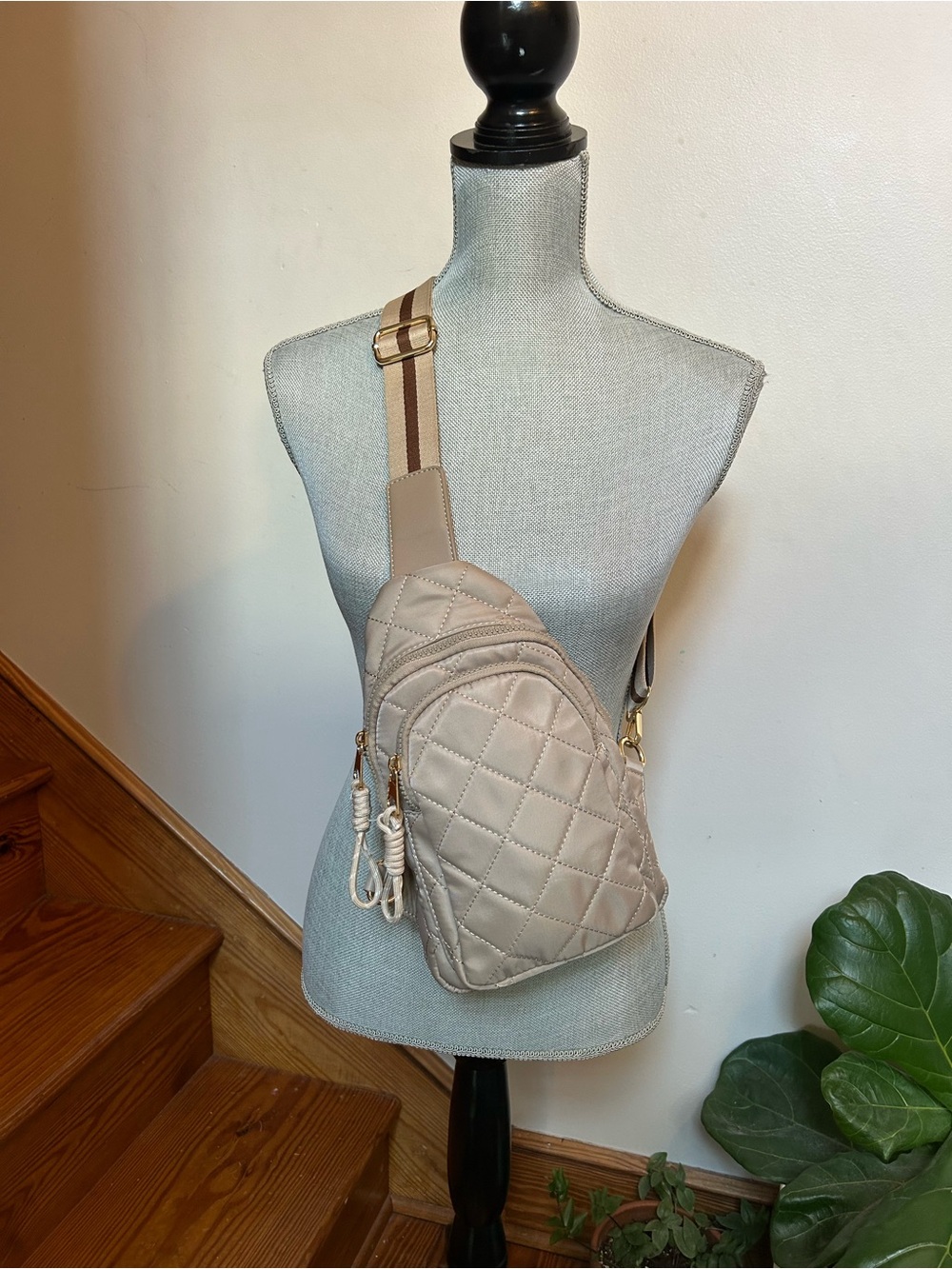 Urban Expressions Quilted Taupe Crossbody Sling with Striped Strap